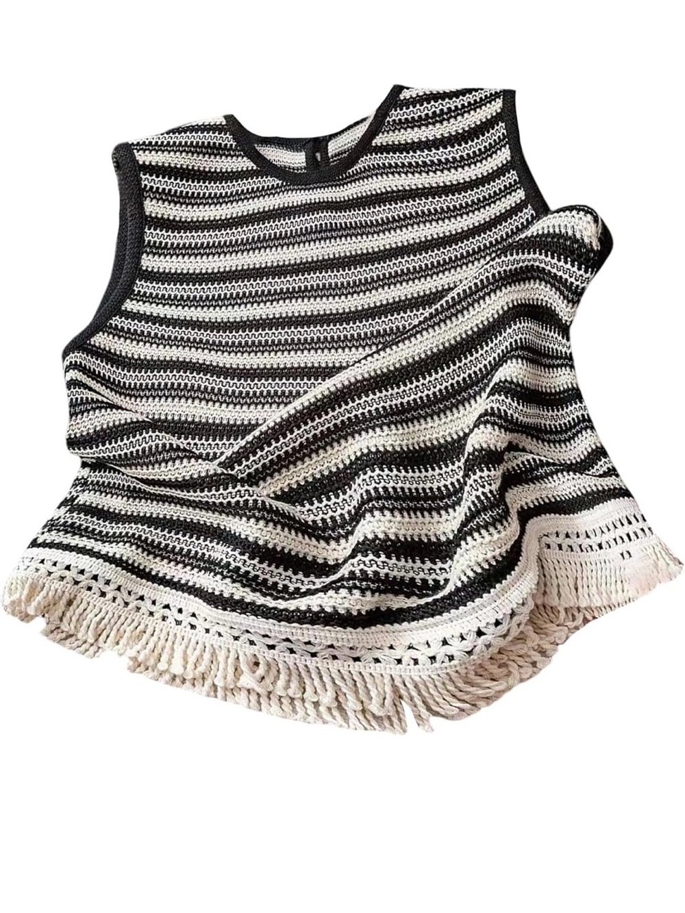 Sleeveless Black & White Striped Crochet Fringe Top